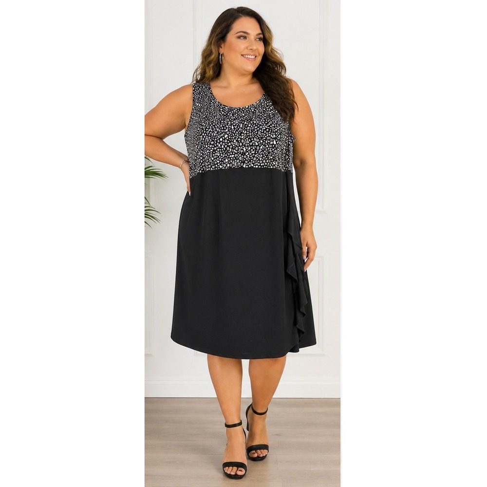 Dressbarn Woman 22W Black Pebble Print Ruffle Side Sheath Dress Sleeveless NWOT